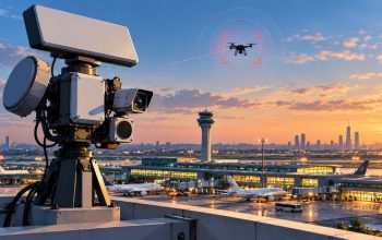 Counter-drone radar tracking a drone above an airport terminal at sunset