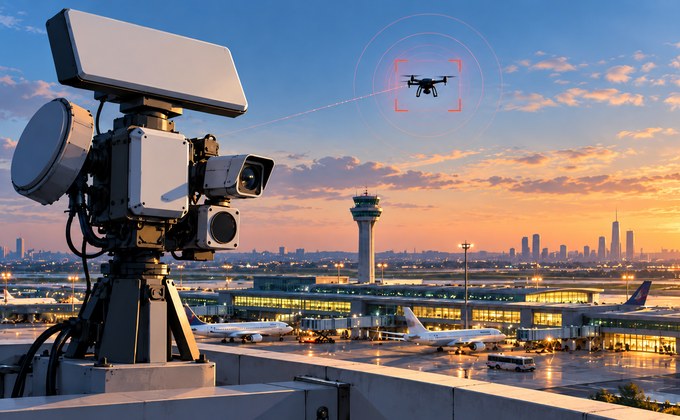 Counter-drone radar tracking a drone above an airport terminal at sunset