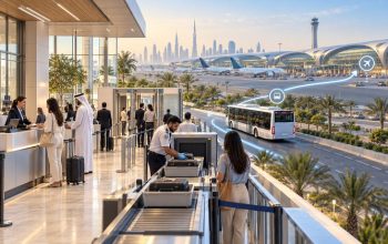 Dubai City Terminal concept showing passenger security screening, baggage checks and shuttle transfer to the airport