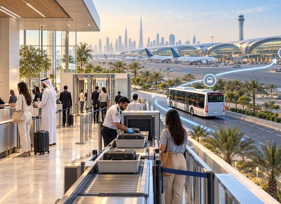 Dubai City Terminal concept showing passenger security screening, baggage checks and shuttle transfer to the airport