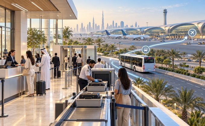 Dubai City Terminal concept showing passenger security screening, baggage checks and shuttle transfer to the airport