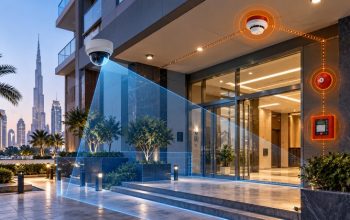Residential building entrance in Dubai showing CCTV coverage and fire alarm systems