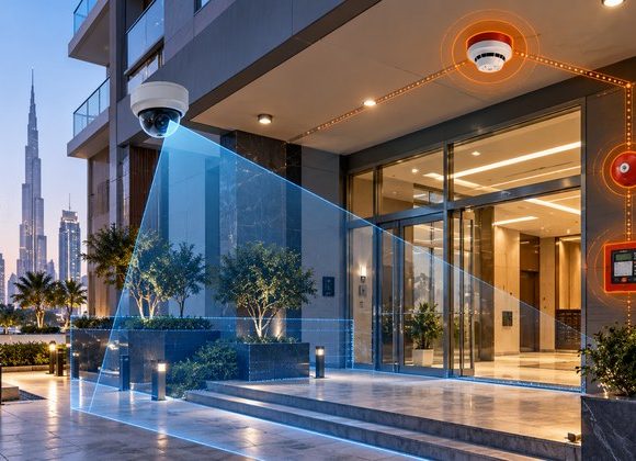 Residential building entrance in Dubai showing CCTV coverage and fire alarm systems