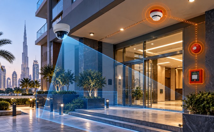 Residential building entrance in Dubai showing CCTV coverage and fire alarm systems