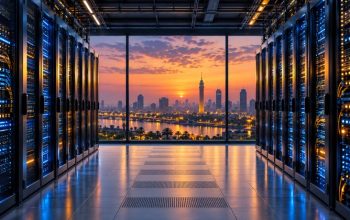 Data center server room overlooking Cairo, illustrating Egypt's digital infrastructure expansion