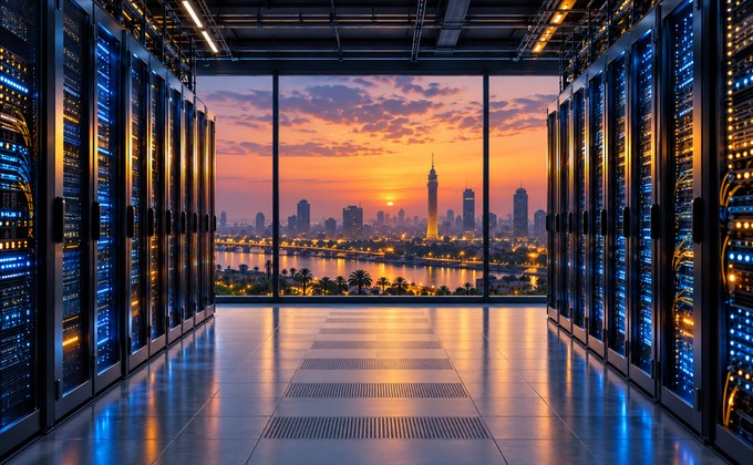 Data center server room overlooking Cairo, illustrating Egypt's digital infrastructure expansion