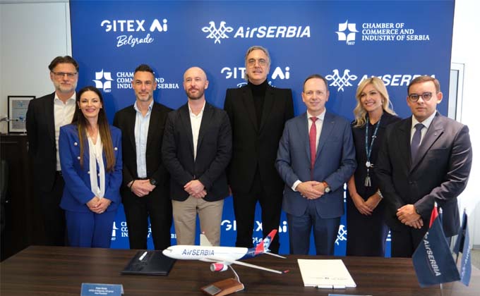 GITEX AI Belgrade and Air Serbia representatives at partnership signing