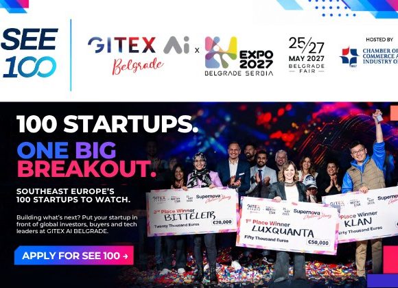 GITEX AI Belgrade SEE 100 banner promoting 100 Southeast European startups