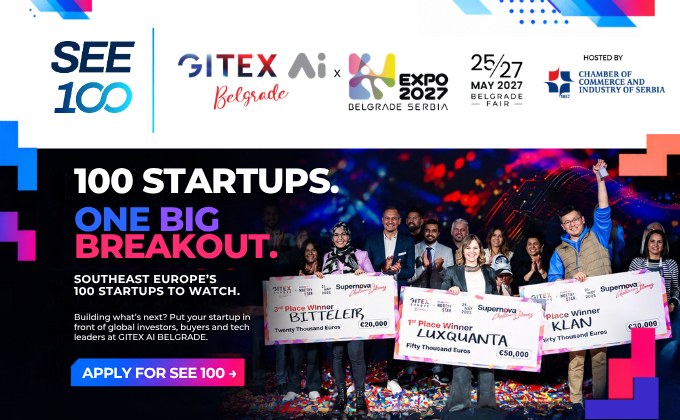 GITEX AI Belgrade SEE 100 banner promoting 100 Southeast European startups