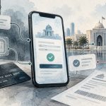 Illustration of GCC government payment fraud involving a bank card, mobile device, eSIM and official payment portal