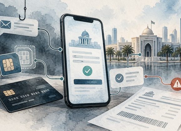 Illustration of GCC government payment fraud involving a bank card, mobile device, eSIM and official payment portal