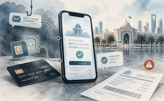Illustration of GCC government payment fraud involving a bank card, mobile device, eSIM and official payment portal
