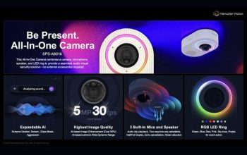 Hanwha Vision SPS-A8016 all-in-one security camera with AI analytics, audio communication and RGB LED alerts