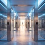 Secure data center corridor with access-controlled doors and server racks