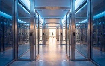 Secure data center corridor with access-controlled doors and server racks
