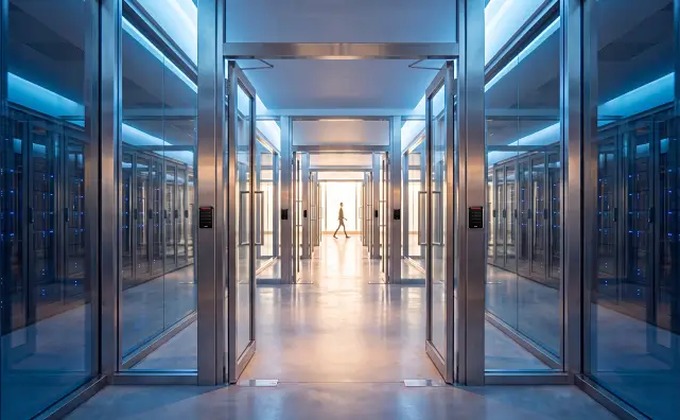 Secure data center corridor with access-controlled doors and server racks