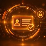 Orange digital identity interface featuring an identification card, verification checkmark and security shield