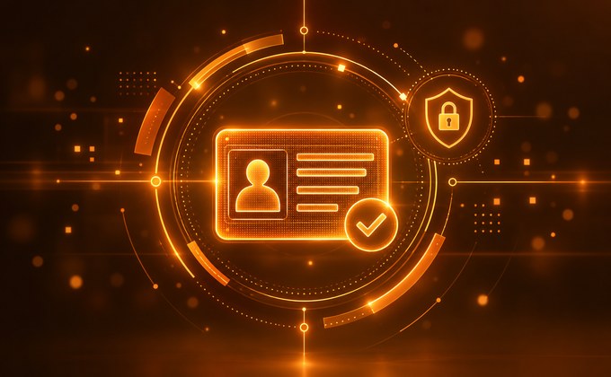 Orange digital identity interface featuring an identification card, verification checkmark and security shield