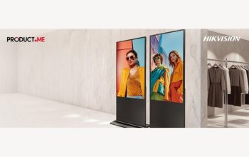 Hikvision and Product.me digital signage displays in a modern fashion retail store