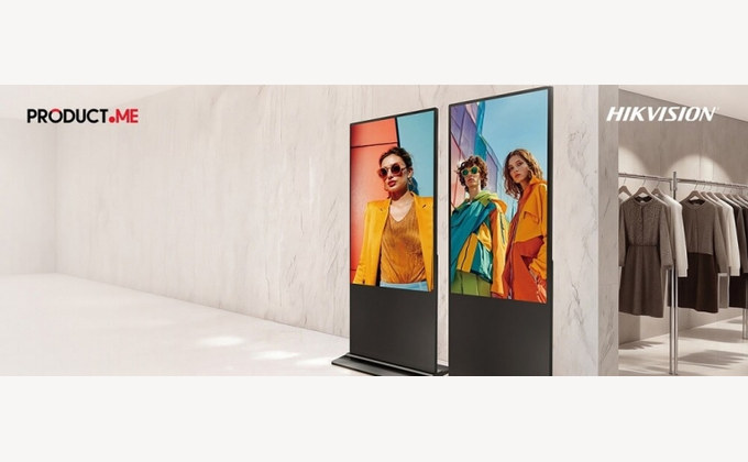 Hikvision and Product.me digital signage displays in a modern fashion retail store