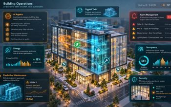 AI-powered building management dashboard with digital twin, alarm monitoring, energy analytics and predictive maintenance