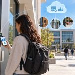 Student using a mobile credential at a campus access control reader, illustrating Illumia and HID integration