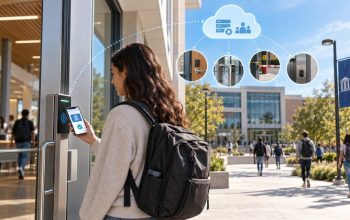 Student using a mobile credential at a campus access control reader, illustrating Illumia and HID integration