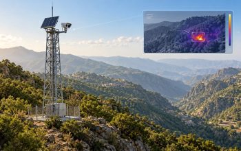Solar-powered surveillance tower with thermal camera monitoring forest fire risks in Saudi Arabia's Al-Baha region