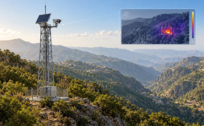 Solar-powered surveillance tower with thermal camera monitoring forest fire risks in Saudi Arabia's Al-Baha region
