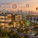 Smart building campus with AI connectivity, data center infrastructure, solar panels and electric vehicle charging stations