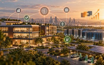 Smart building campus with AI connectivity, data center infrastructure, solar panels and electric vehicle charging stations