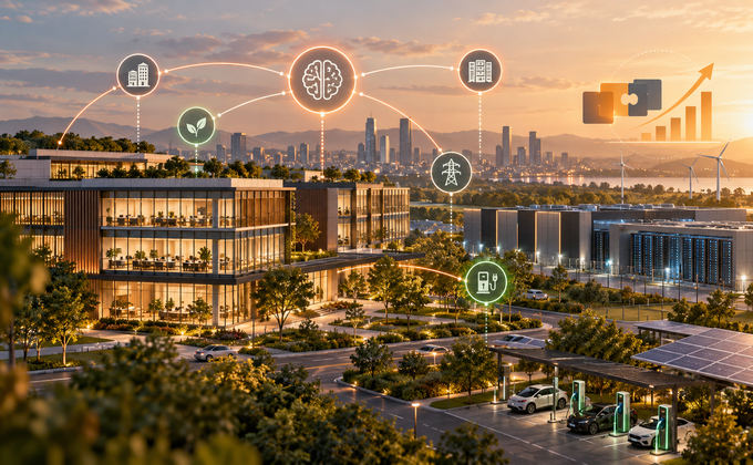 Smart building campus with AI connectivity, data center infrastructure, solar panels and electric vehicle charging stations