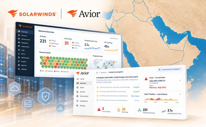 SolarWinds Avior AI platform dashboard with a map of the GCC region