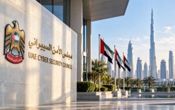 UAE Cyber Security Council building with UAE flags and Dubai skyline