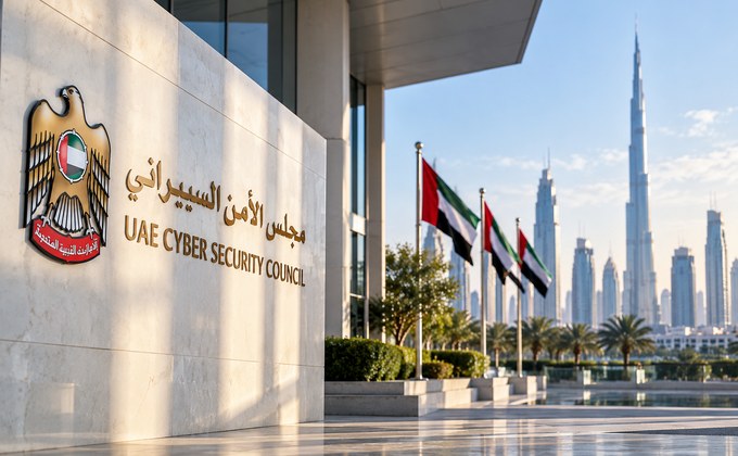UAE Cyber Security Council building with UAE flags and Dubai skyline