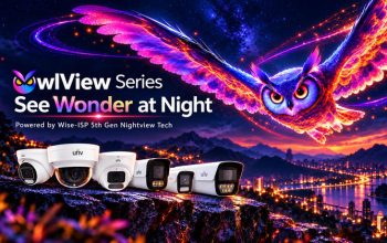 Uniview OwlView surveillance cameras with a colorful flying owl illustrating Wise-ISP night vision technology