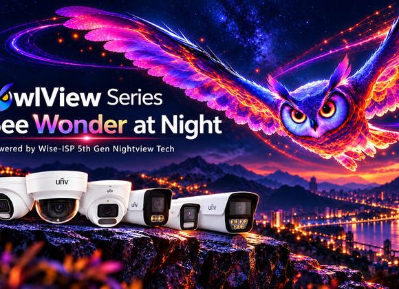 Uniview OwlView surveillance cameras with a colorful flying owl illustrating Wise-ISP night vision technology