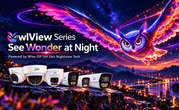 Uniview OwlView surveillance cameras with a colorful flying owl illustrating Wise-ISP night vision technology